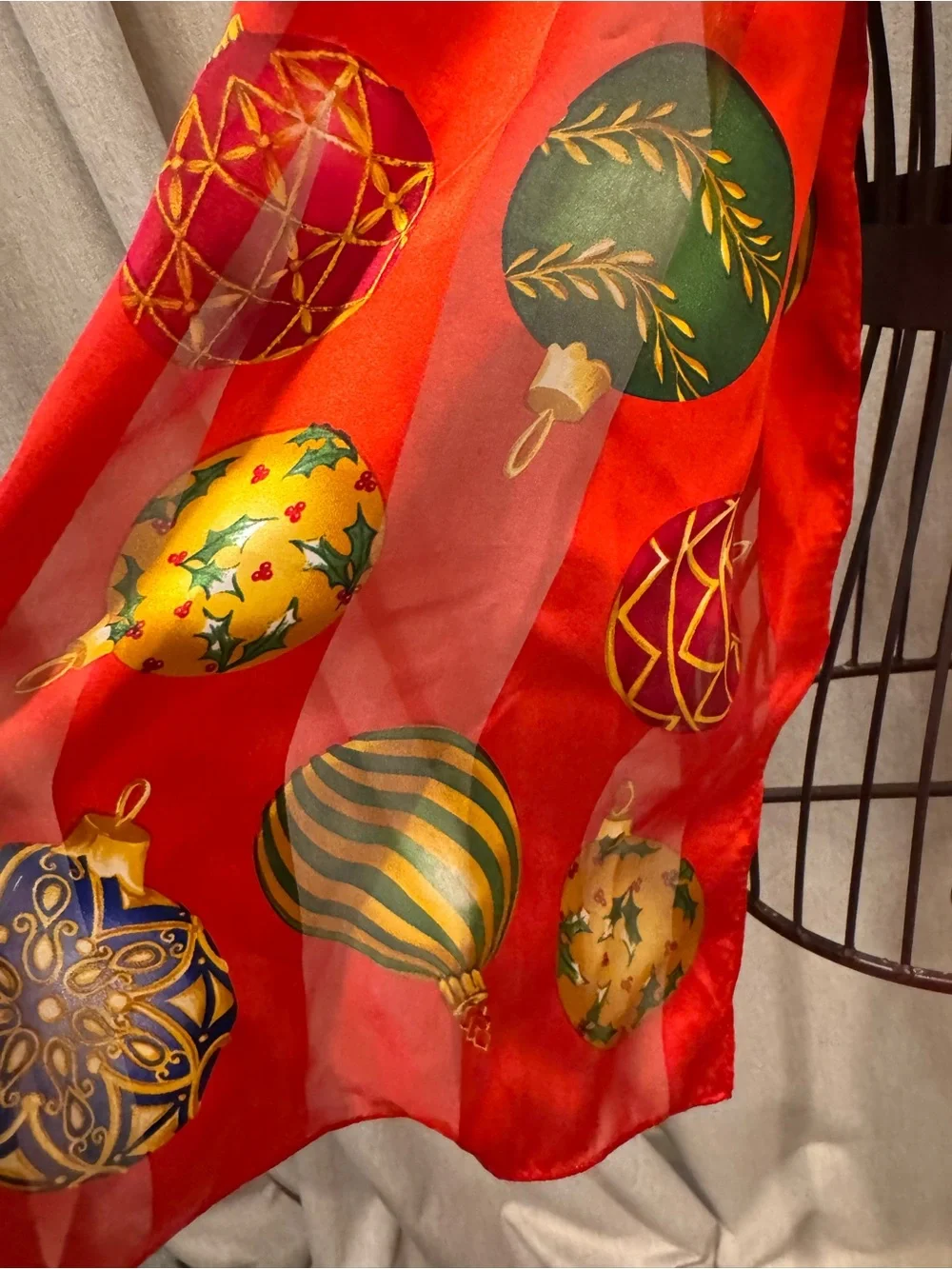 ECHO 100% Silk Christmas Ornament Oblong Scarf Red Gold Holly Vintage